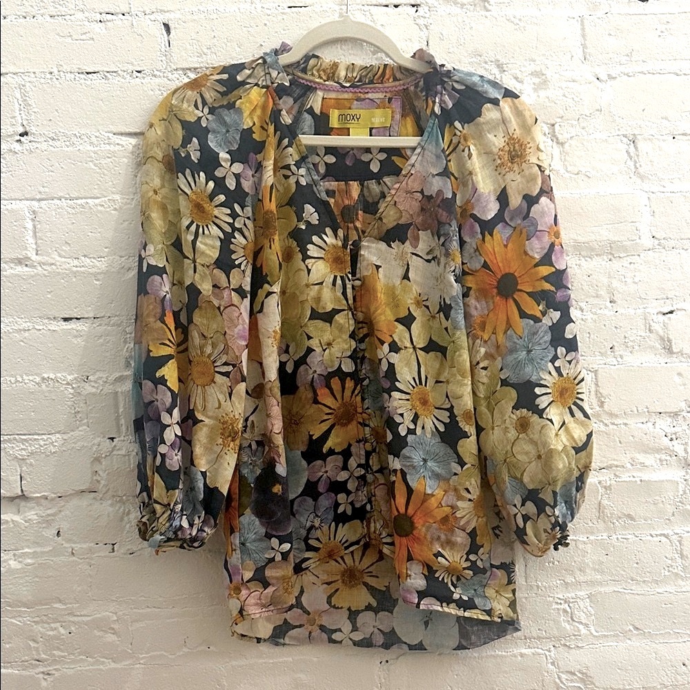 Anthropologie-Maeve Linen Floral Blouse - Black, Yellow, Blue, Cream